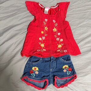 Nannette Red Floral Embroidered Top & Denim Shorts Set